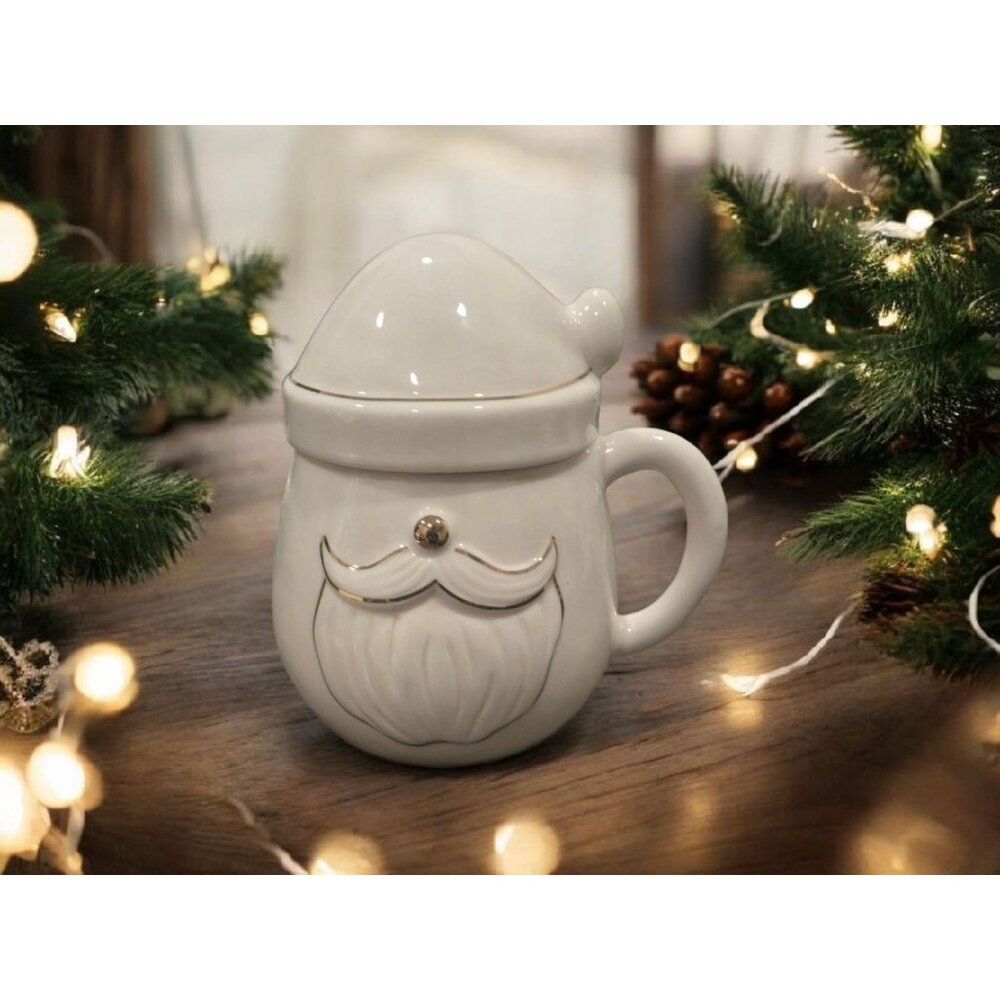 New Holiday Gold & White Santa Claus W/ Hat Handle Coffee Tea Mug W/ Lid Gift